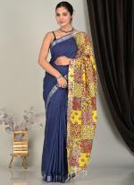 Pure Linen Cotton Navy Blue Casual Wear Pure Hand Work Saree